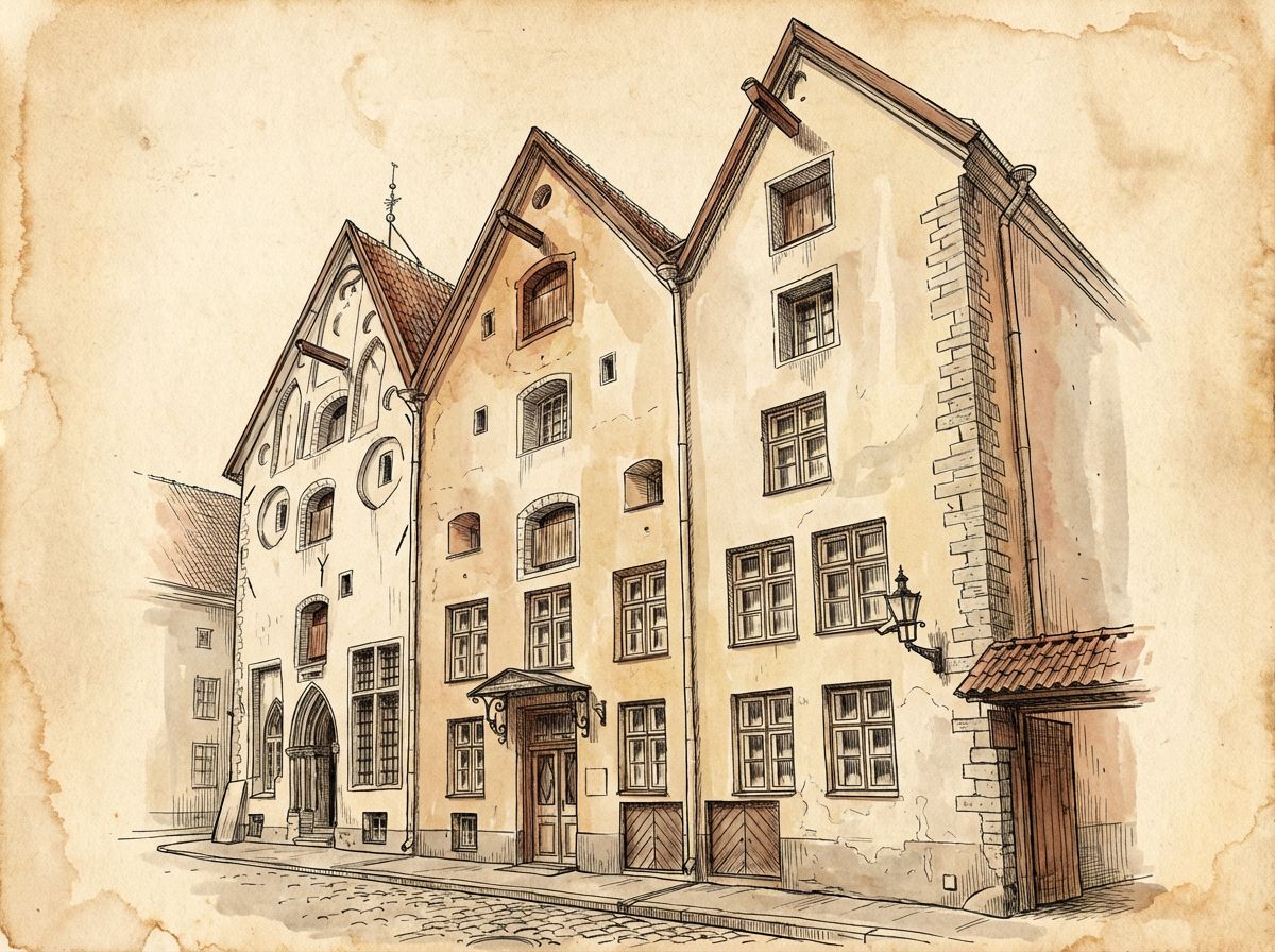 The three sisters — three medieval merchant houses on Pikk, hand-drawn